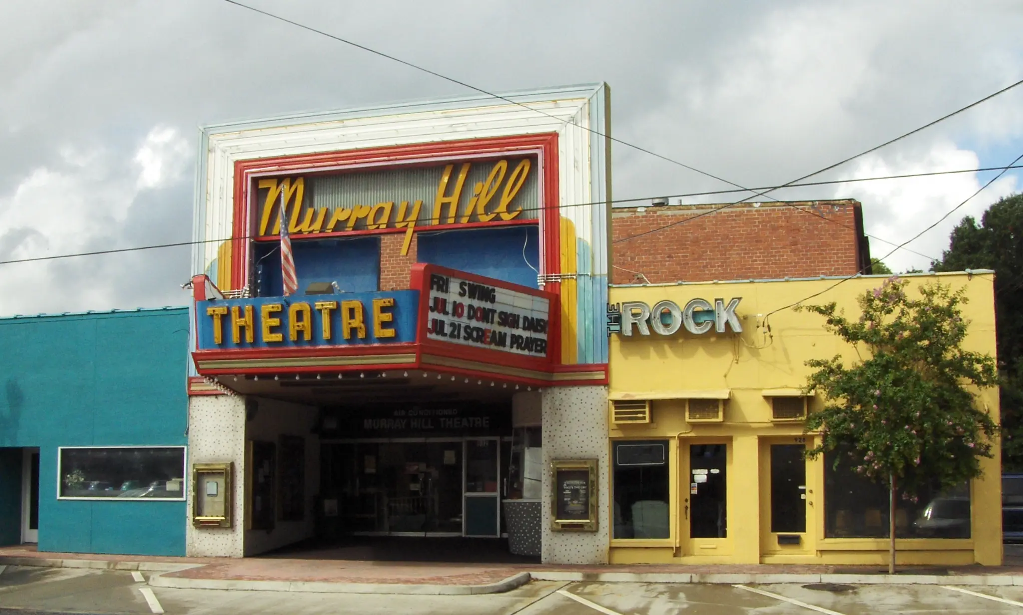 The colorful marquee and entrance of Murray Hill Theatre in Jacksonville
